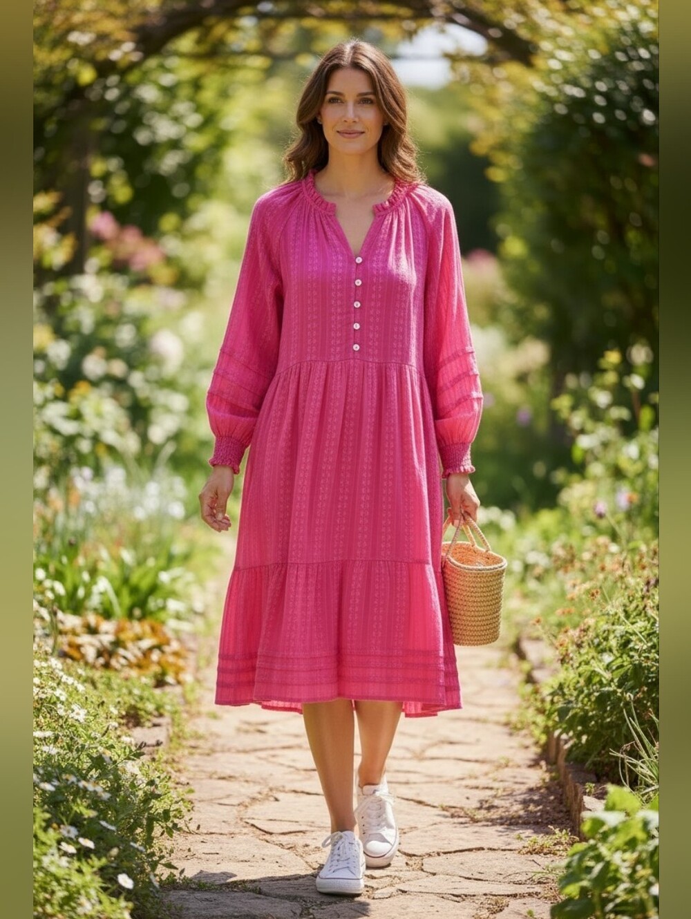 J. Jill Hot Pink Button-Front Peasant Dress